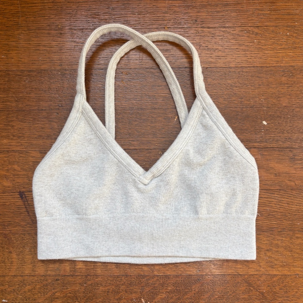 Alo Seamless Ribbed Low Back Bra | Oatmeal Heather | XS